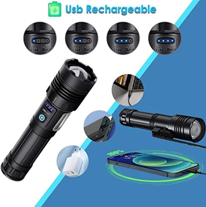 m MU Torcia Led Potente Professionale, Torcia Led Ricaricabile，Torcia Led 3000 Lumen XHP70.2, Torcia Tattica Militare, IP45 Impermeabile Flashlight Per Campeggio Trekking Emergenza (3400mAh)