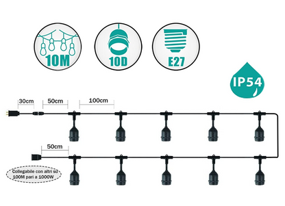 MU Catena Luminosa Esterno Impermeabile 10M Incluse Lampadine LED E27 Versione Verticale (CAT10 V B/N (L)) *OFFERTA MULTIPACK*