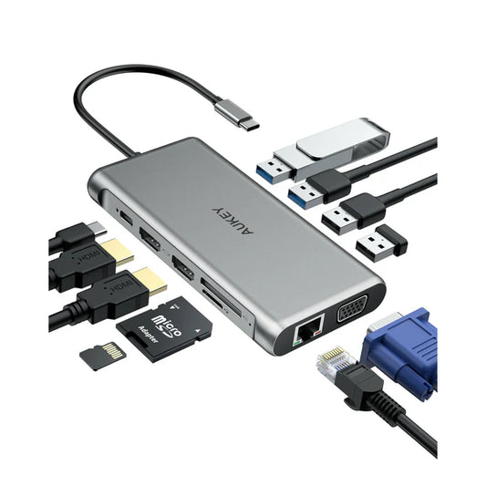 Aukey CB-C78 Multi Hub USB C 12 in 1: Gigabit Ethernet HDMI VGA USB C SD microSD