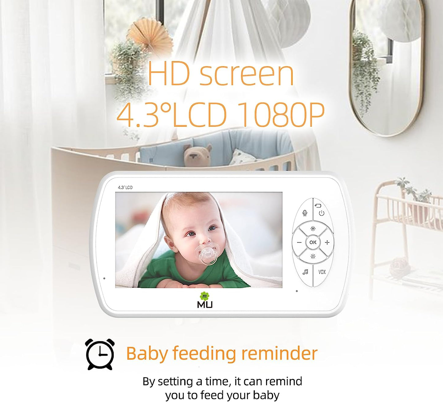 Drahtloses Video- und Audio-Babyphone ohne WLAN, 4,3-Zoll-LCD-Bildschirm, hohe Auflösung 1080p, VOX-Funktion, Nachtsicht, Temperaturüberwachung, 6 Schlaflieder (TV-BM520-2MP)