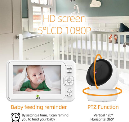 Kabelloses Video- und Audio-Babyphone ohne WLAN, 5-Zoll-LCD-Bildschirm, hohe Auflösung 1080p, VOX-Funktion, Nachtsicht, Temperaturüberwachung, 6 Schlaflieder, 360°-Drehung (TV-BM268-2MP)