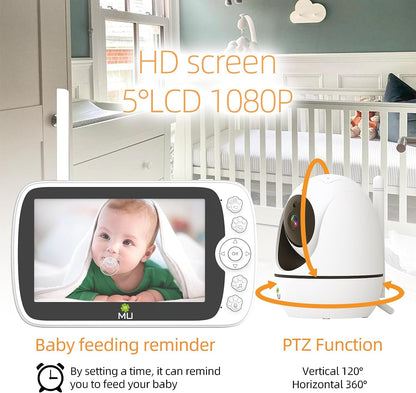 Drahtloses Video- und Audio-Babyphone ohne WLAN, 5-Zoll-LCD-Bildschirm, hohe Auflösung 1080p, VOX-Funktion, Nachtsicht, Temperaturüberwachung, 6 Schlaflieder, 350°-Drehung (TV-BM308-5C-2MP)