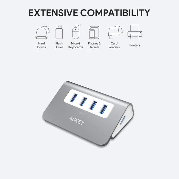 Aukey CB-H5 4 Port USB 3.0 Hub Splitter Power Strip Splitter Aluminum Power Strip for Data Transfer