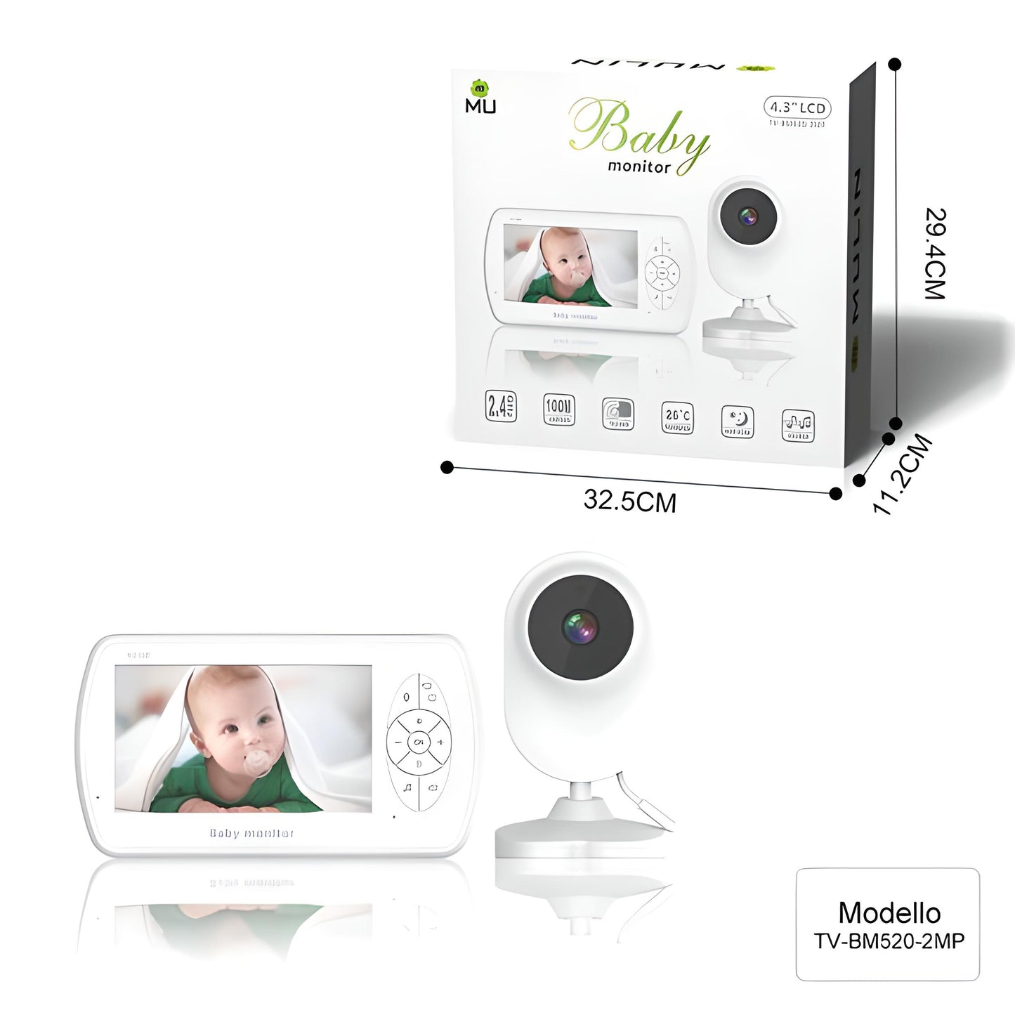 Drahtloses Video- und Audio-Babyphone ohne WLAN, 4,3-Zoll-LCD-Bildschirm, hohe Auflösung 1080p, VOX-Funktion, Nachtsicht, Temperaturüberwachung, 6 Schlaflieder (TV-BM520-2MP)