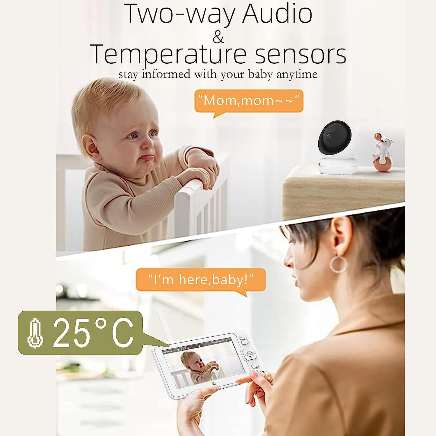 Kabelloses Video- und Audio-Babyphone ohne WLAN, 5-Zoll-LCD-Bildschirm, hohe Auflösung 1080p, VOX-Funktion, Nachtsicht, Temperaturüberwachung, 6 Schlaflieder, 360°-Drehung (TV-BM268-2MP)