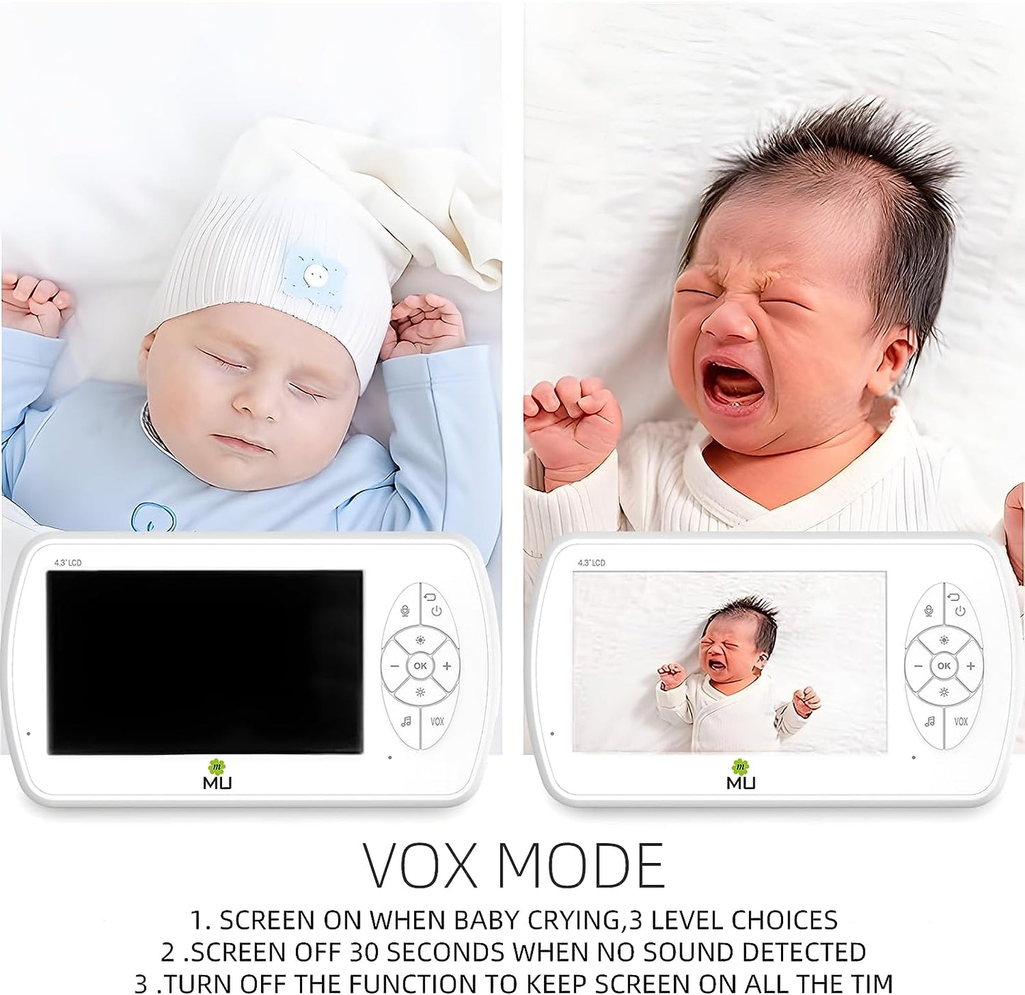 Drahtloses Video- und Audio-Babyphone ohne WLAN, 4,3-Zoll-LCD-Bildschirm, hohe Auflösung 1080p, VOX-Funktion, Nachtsicht, Temperaturüberwachung, 6 Schlaflieder (TV-BM520-2MP)