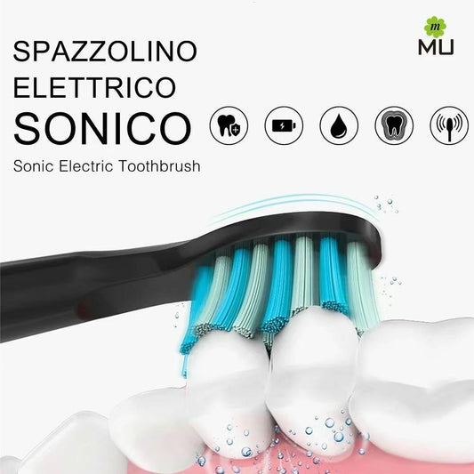 Spazzolino Elettrico Sonico Ricaricabile USB 4 Testine, 5 modalità, 1 Ricarica = 30 giorni