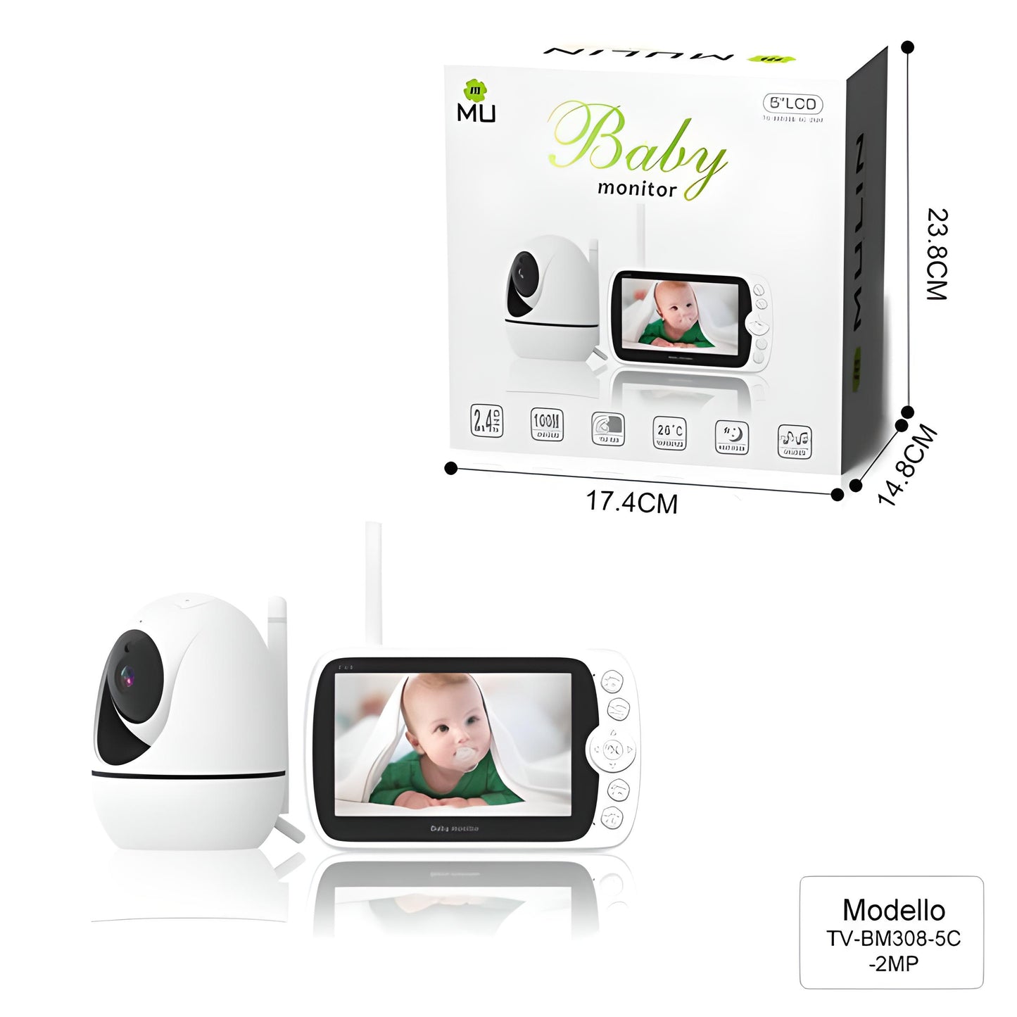 Drahtloses Video- und Audio-Babyphone ohne WLAN, 5-Zoll-LCD-Bildschirm, hohe Auflösung 1080p, VOX-Funktion, Nachtsicht, Temperaturüberwachung, 6 Schlaflieder, 350°-Drehung (TV-BM308-5C-2MP)