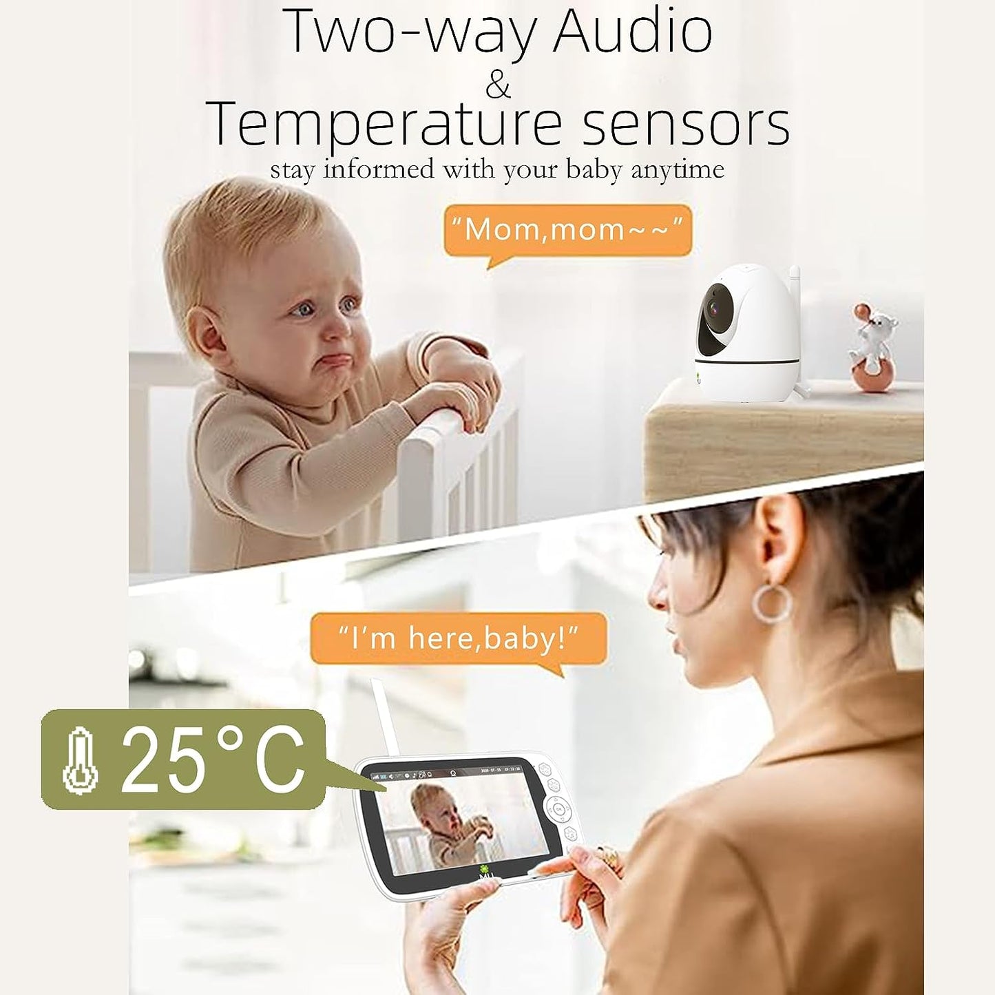 Drahtloses Video- und Audio-Babyphone ohne WLAN, 5-Zoll-LCD-Bildschirm, hohe Auflösung 1080p, VOX-Funktion, Nachtsicht, Temperaturüberwachung, 6 Schlaflieder, 350°-Drehung (TV-BM308-5C-2MP)