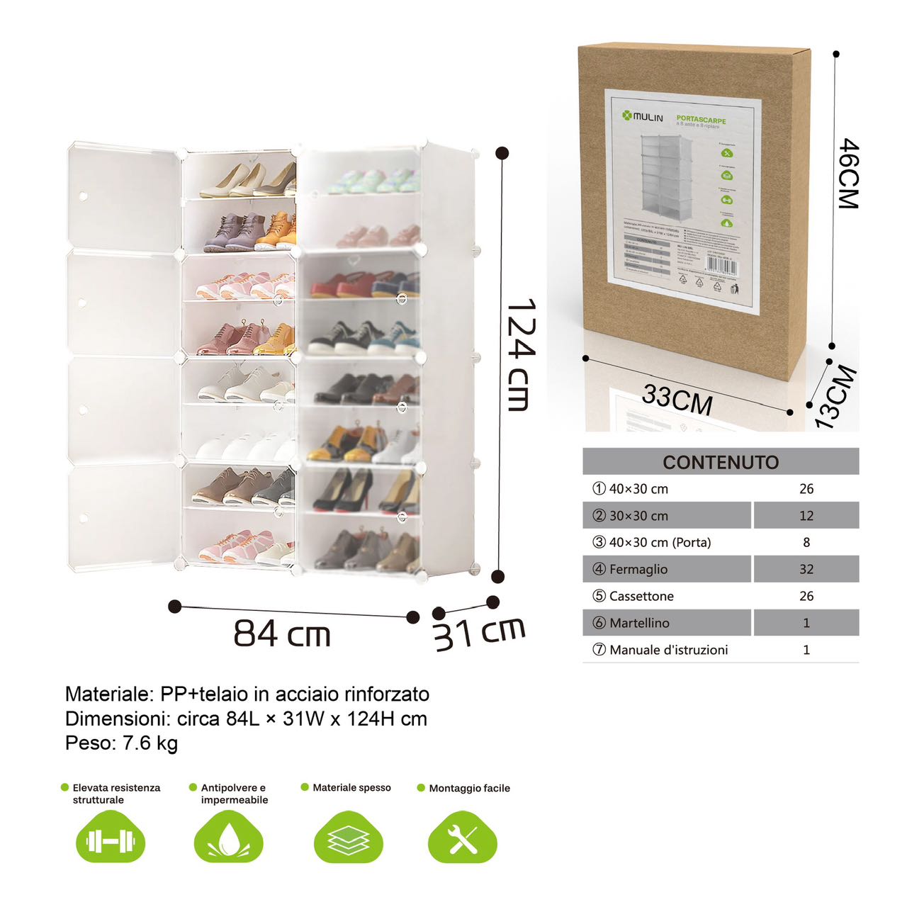 SCARPIERA MODULARI A 8 SCOMPARTI 84 x 31 x 124 cm