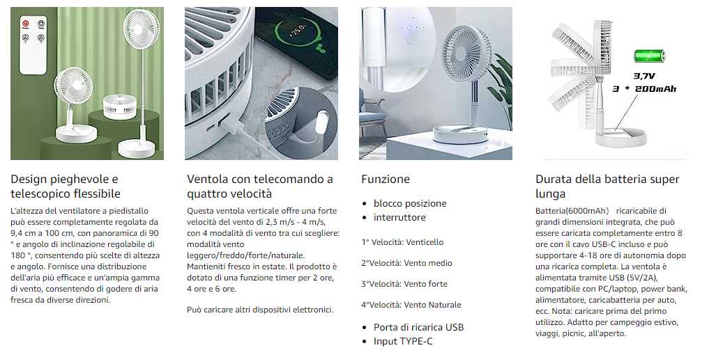 m Mu Ventilatore Portatile Ventilatore da Tavolo da Viaggio Altezza Regolabile con Telecomando