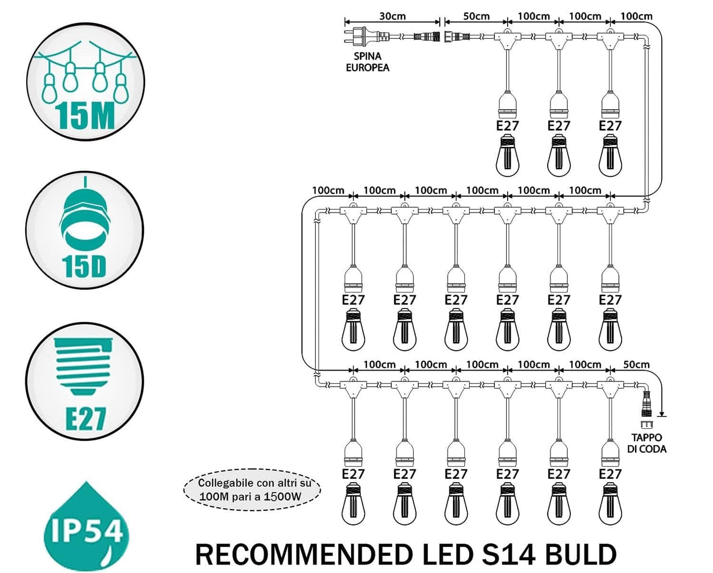 MU Catena Luminosa per Esterno Impermeabile 5/10/15 Metri Versione Verticale - Con e Senza Lampadine LED E27