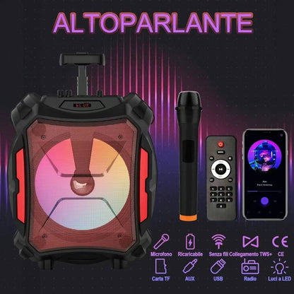 Cassa Altoparlante Bluetooth Ricaricabile Portatile a Trolley con luci RGB e Microfono incluso – Connessione Radio Bluetooth USB TF (modello m Mu ZQS12110)