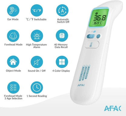 AFAC Infrarot-Fieberthermometer, digitales Stirn-Ohr-Objektthermometer für Erwachsene Kinder, professionell berührungslos, Speicher 40 Messwerte, 4-Farb-Display 