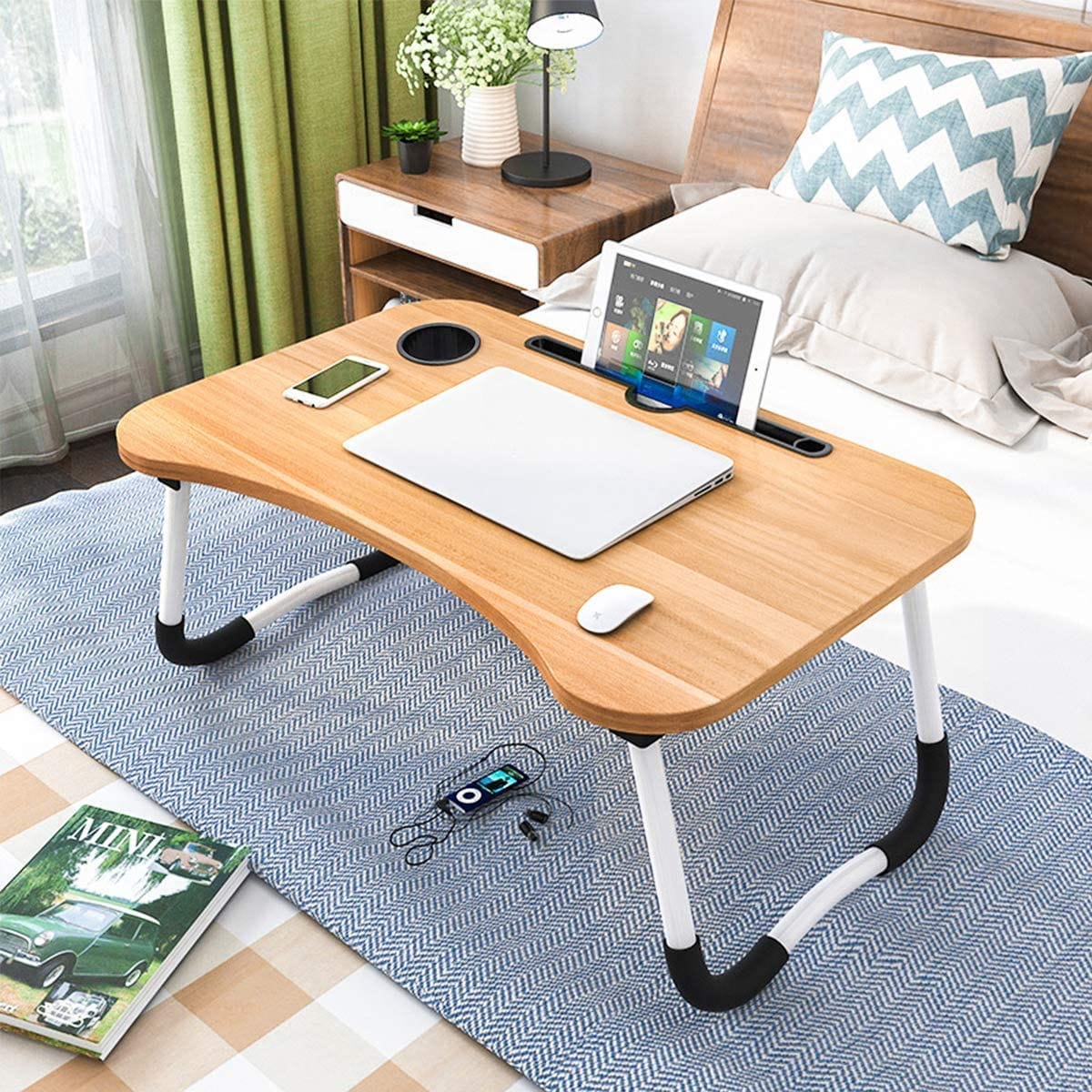 Bedside Table, Folding Bed Table Computer Laptop PC Tablet 60x40x28cm White, Black, Wood Colors 