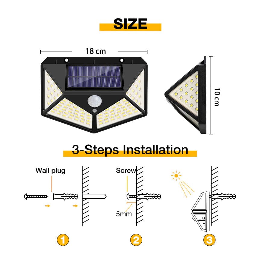 lampada da parete a induzione solare 114 SMD con Sensore di Movimento 3 Modalità Luci Impermeabile per Giardino